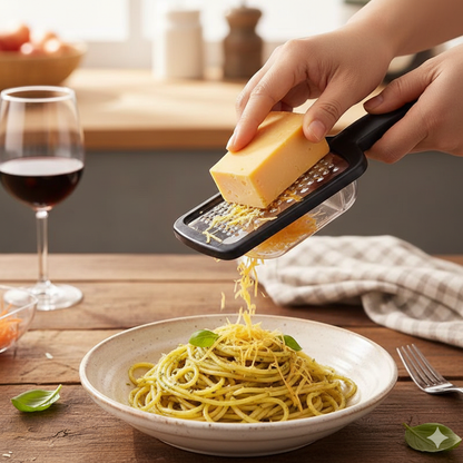 Vegetable and Cheese Grater with Ergonomic Handle and Built-in Storage Drawer