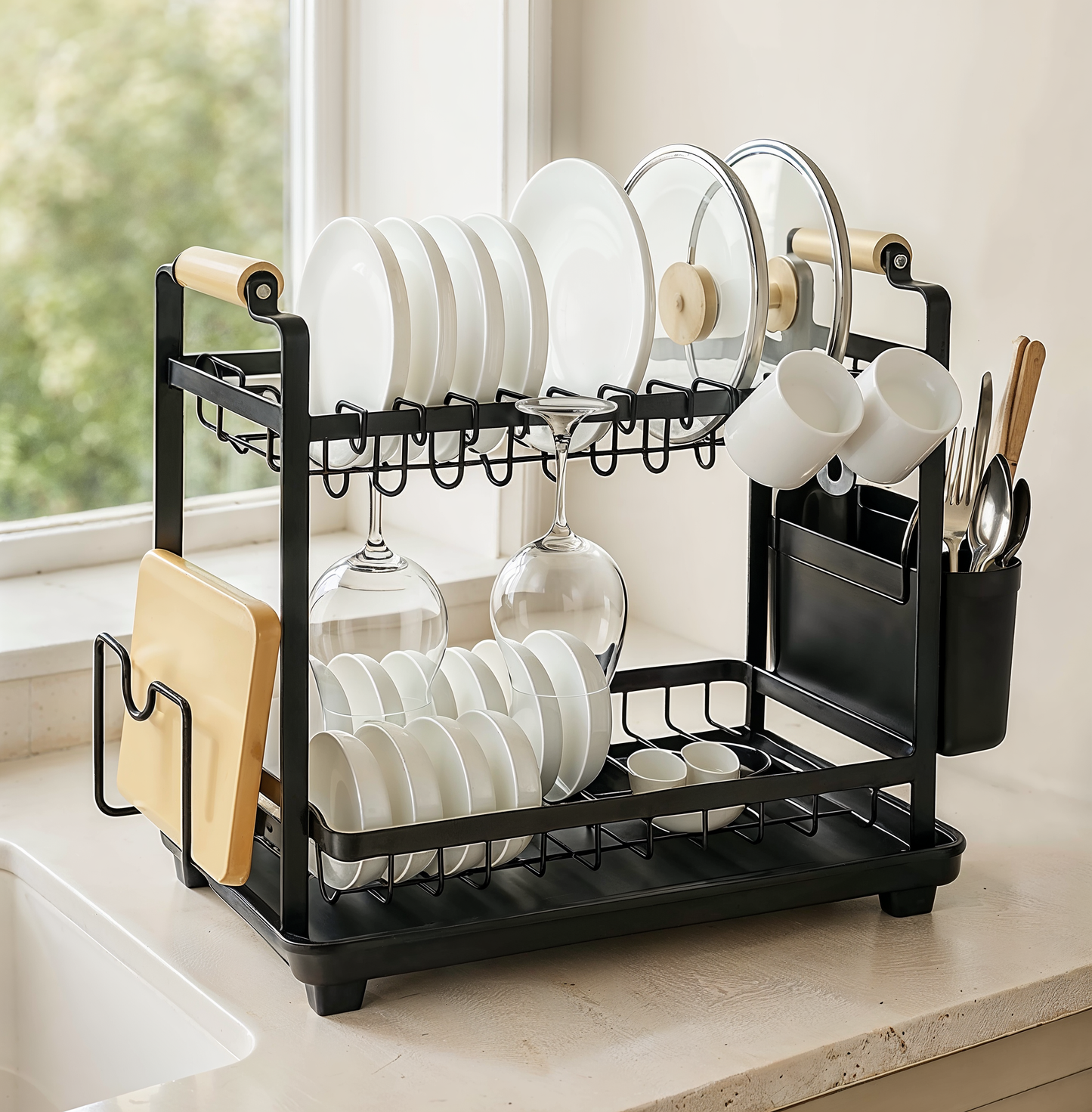 2-tier black metal dish rack