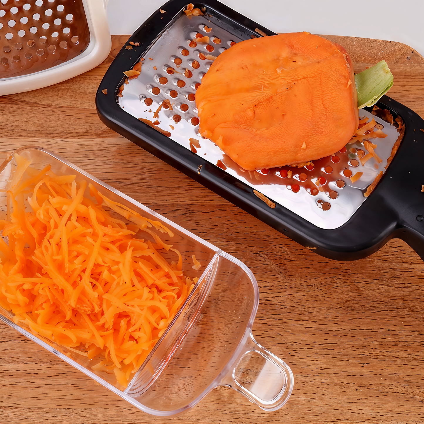 Vegetable and Cheese Grater with Ergonomic Handle and Built-in Storage Drawer